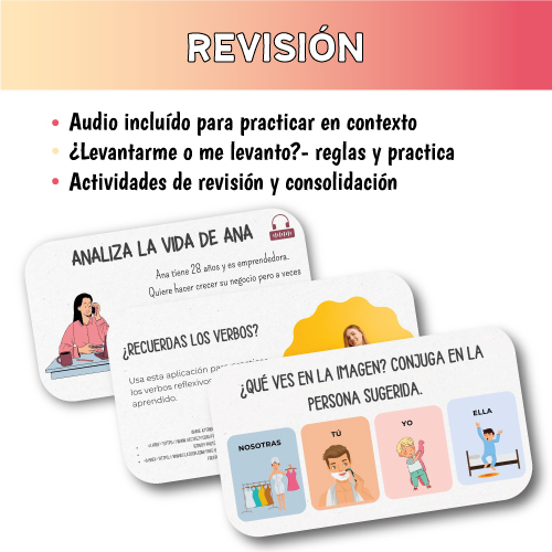 Actividades de verbos reflexivos para clases de ELE en línea con juegos y ejercicios. Levantarme o me levanto. Reglas de conjugación de verbos en español. Ejercicios para practicar verbos reflexivos. Lecciones completas listas para enseñar verbos reflexivos. Juegos de ELE para verbos reflexivos.